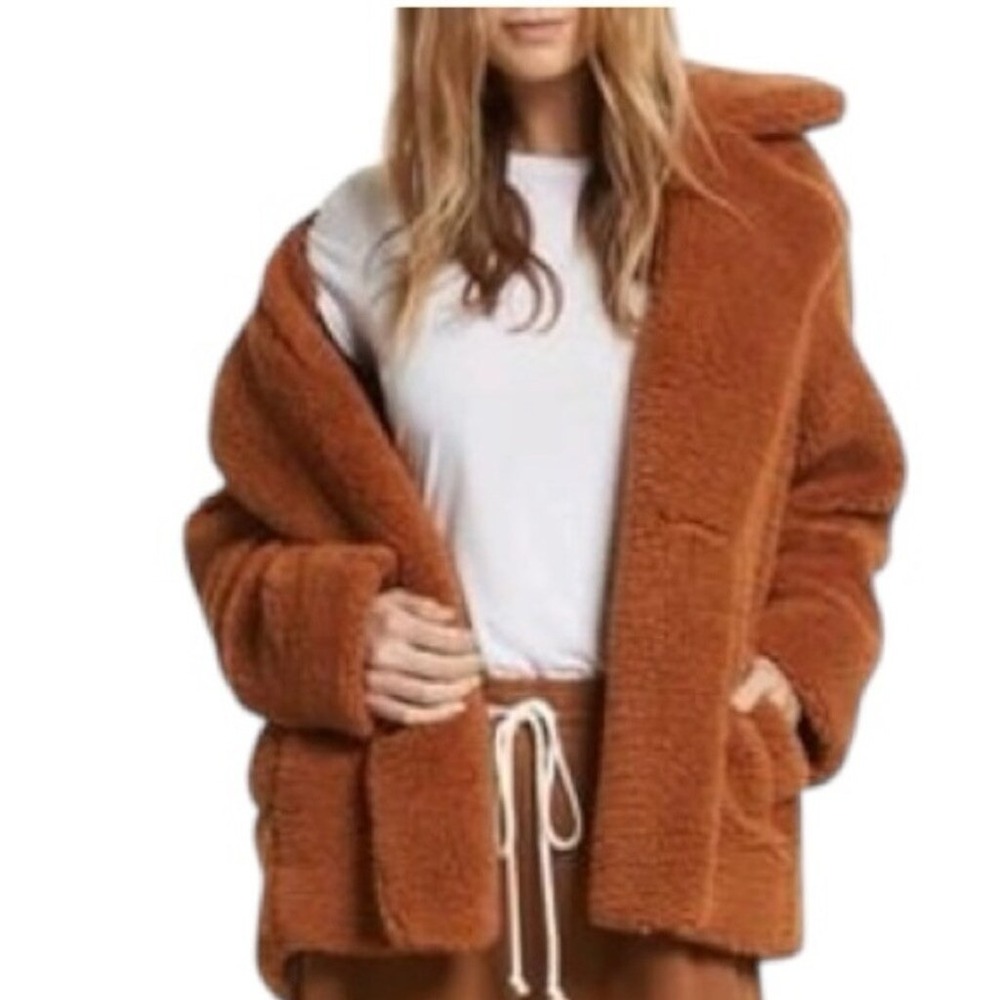 Free People Womens Teddy Peacoat Rust Orange Faux Fur Sherpa Jacket Size XS